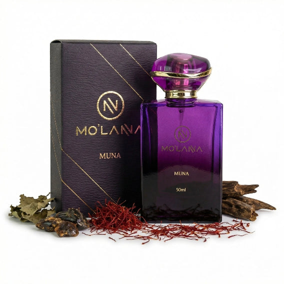 Purple Molana perfume bottle and packaging with saffron on a white background