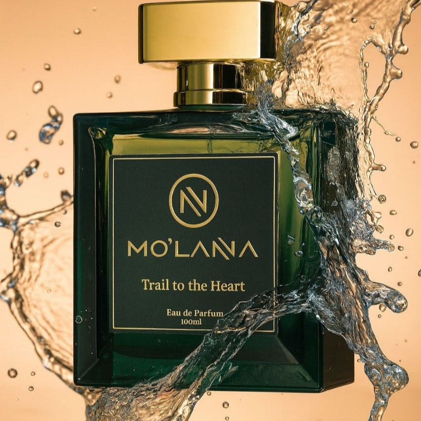 Molana perfume bottle with water splash on a beige background